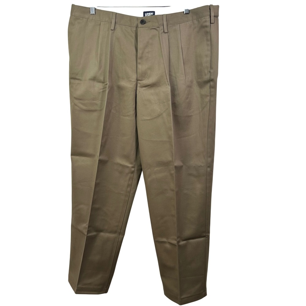 Lands End Mens 42x30 Traditional Fit Pleated Chino Pants Khaki Brown Cotton